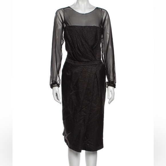 Escada Wool Mesh Sleeve Knee Length Black Sheath Cocktail Dress - Picture 1 of 16